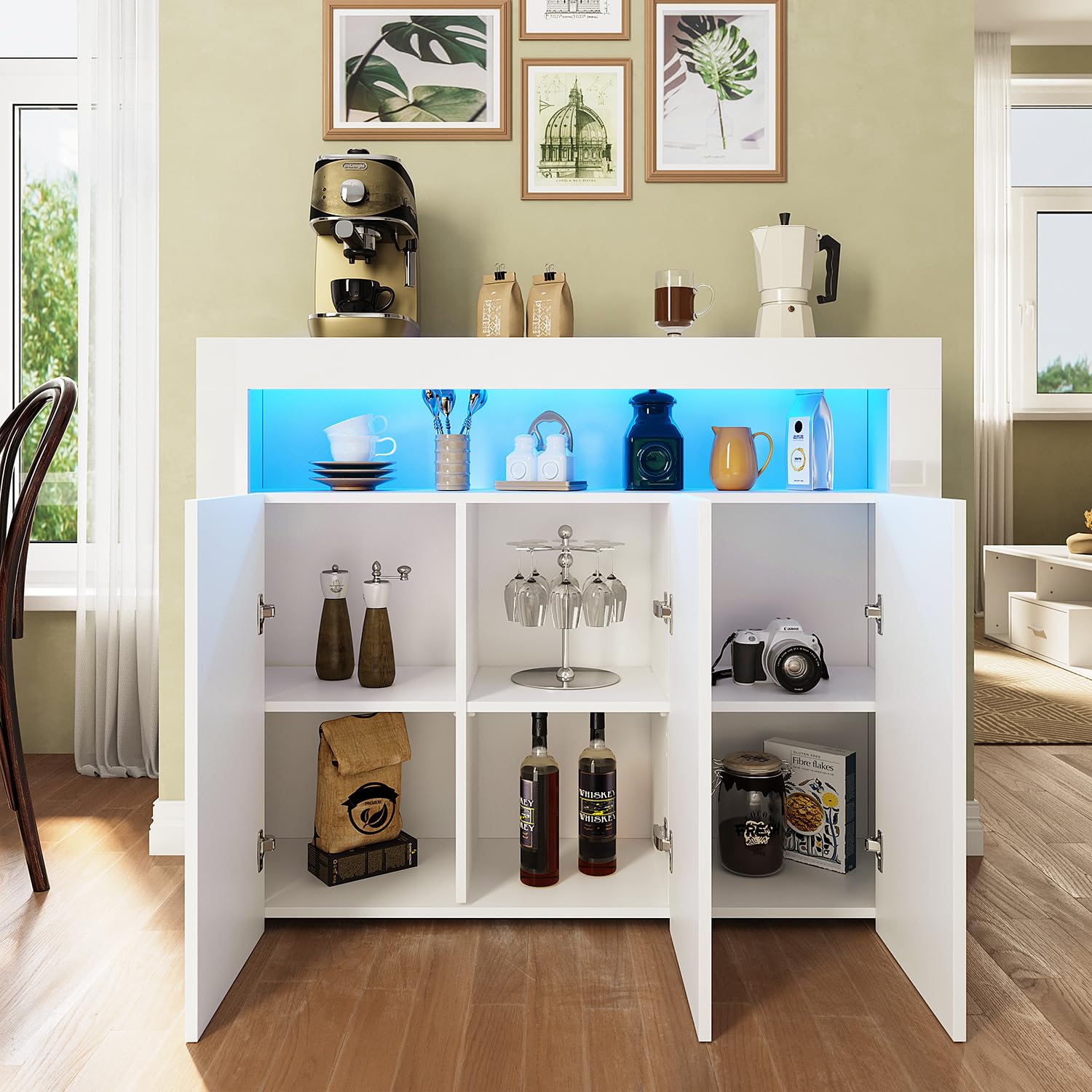 Cassettiera bianca lucida, credenza con LED, 3 ante, design senza manico, per cucina, corridoio, camera da letto, 116 x 93 x 35 cm (larghezza x altezza x profondità)