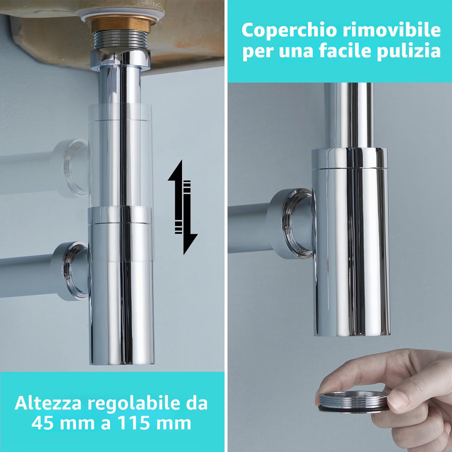 Sifone Lavabo Bagno con Piletta Click Clack, Universale Piletta di Scarico Pop-Up Lavandino, Sifone Antiodore con Apertura di Pulizia, Piletta Lavabo Bagno per Lavabo con Troppopieno, Cromato