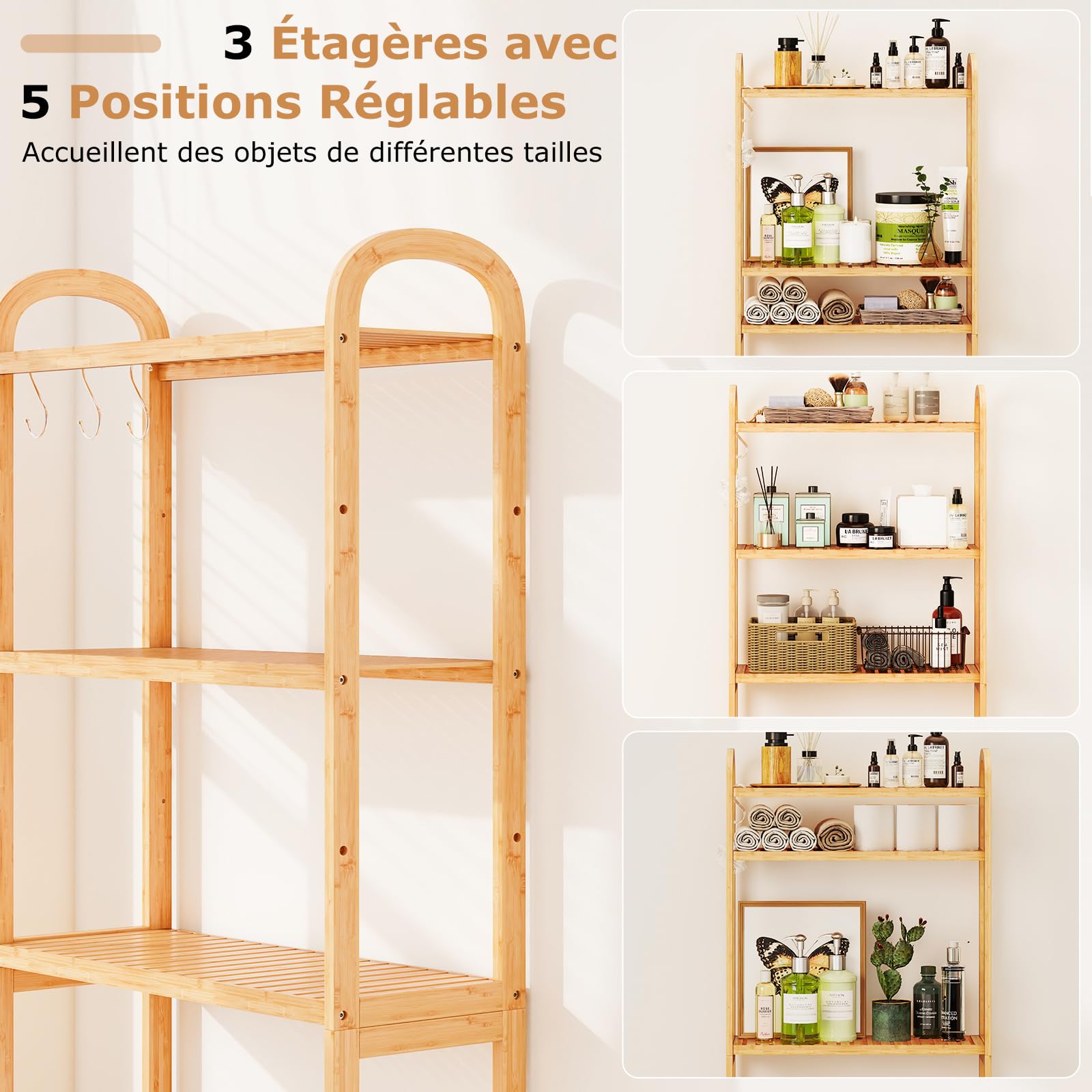 GOPLUS Meuble WC au-Dessus des Toilettes en Bambou, Étagère Toilette à 3 Niveaux avec 3 Crochets et Barres Réglable, Meuble Salle de Bain et Buanderie, 71,5 x 25 x 166 cm (Naturel)