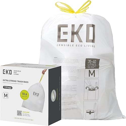 Miniatura 11 de EKO 21 galones / 50-90 litros, 110 unidadesBolsas de basura con cordón de tracción extra resistentes y sin perfume, rollo de fácil dispensación para