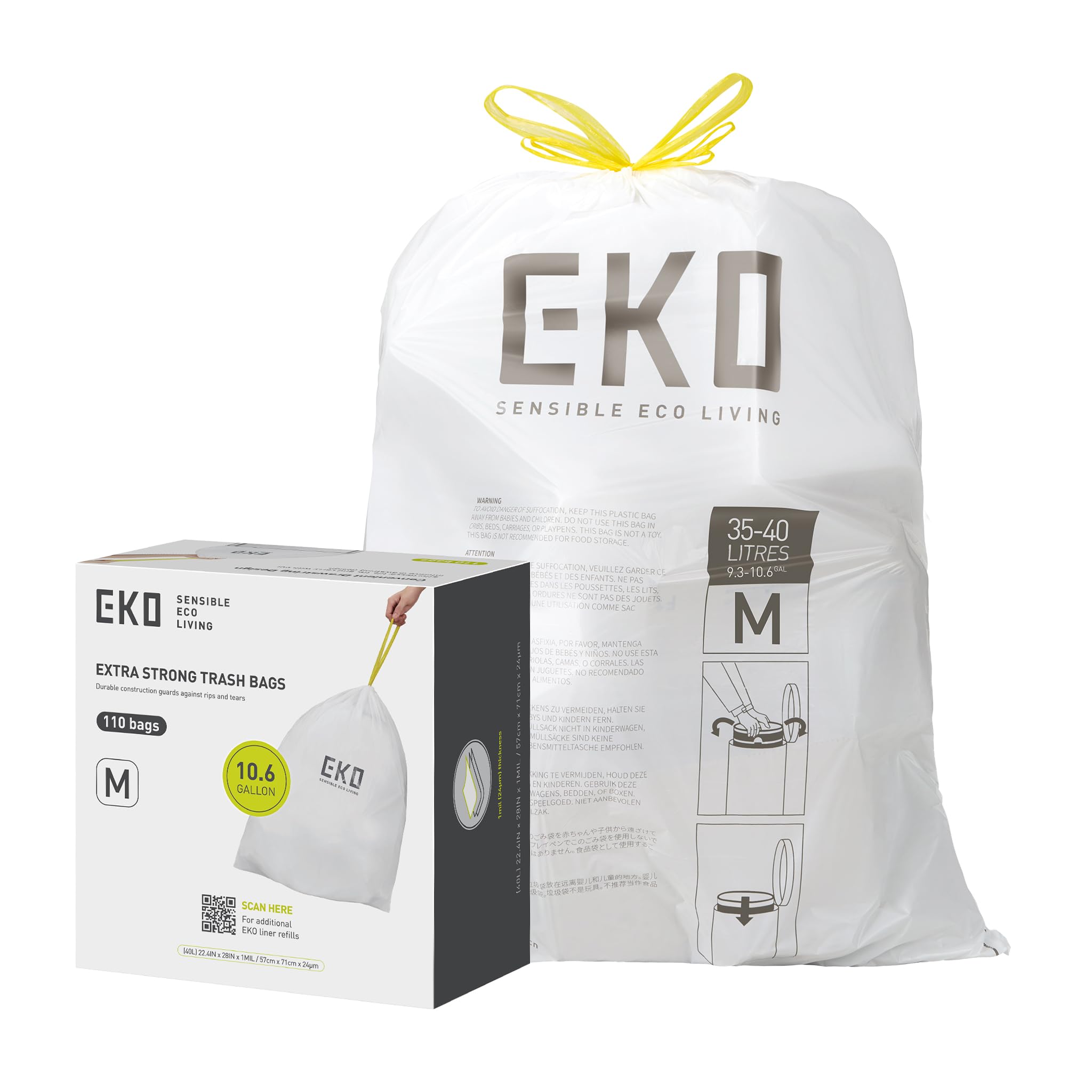 EKO Sacchetti per la spazzatura con coulisse, 110 pezzi, resistenti, per bidoni della spazzatura da cucina, extra resistenti, resistenti alle perdite, inodori, bianchi, codice M