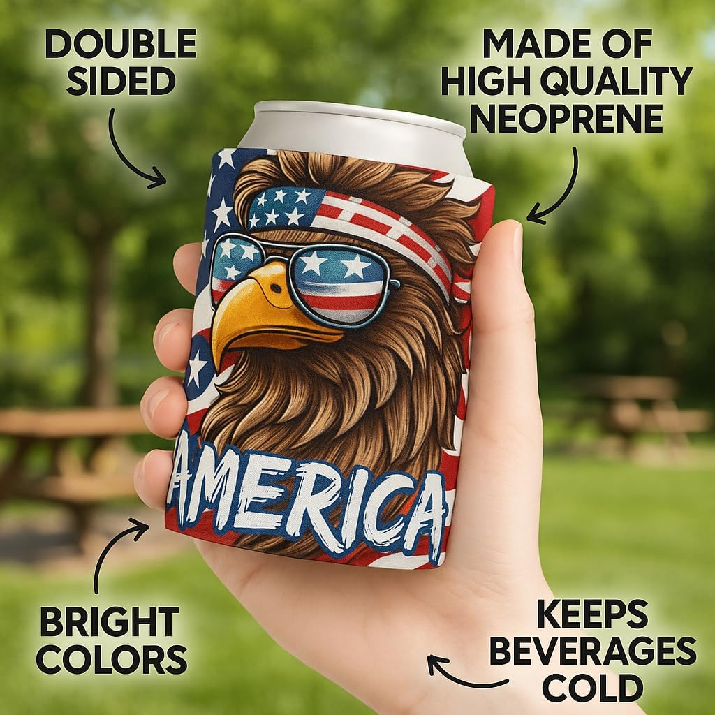 Funny MERICA Patriotic American Flag Eagle Drink Sleeve – Neoprene Insulator for 12oz and 16oz Cans – Double-Sided, Bright Colors, Keeps Drinks Cold and Hands Dry