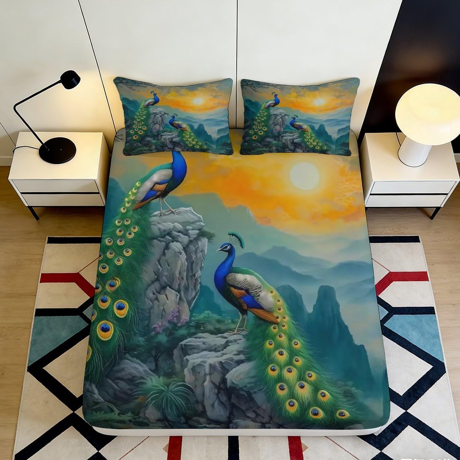 3D Printed Peacock Design Fitted Sheet Microfiber Soft Breathable Sunset Landscape Bed Cover for Bedroom Dormitory Guest Room Mattress Protection 140x200x25cm