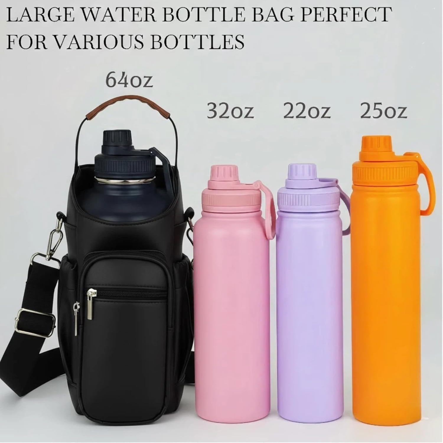 Insulated Water Bottle Carrier Bag with Adjustable Strap, Water-Resistant Nylon Sling Bag, Fits 22-64 oz Hands-Free Black Crossbody Waterbottle Bag with Phone Pocket & RFID Blocking for Hiking Travel