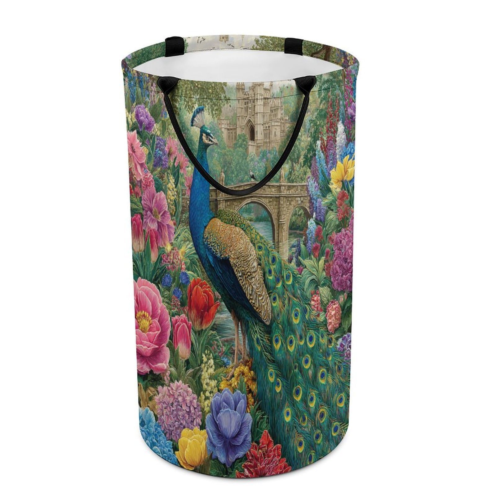 LUYYSKY Rustic Realistic Birds Peacocks Collapsible Dirty Clothes Basket, Retro Oil Painting Castles Animals Peacocks Plants Floral Portable Clothes Storage Basket