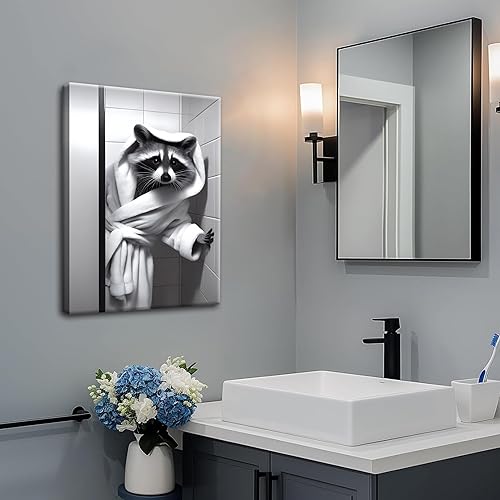 Miniatura 9 de Divertida decoración de pared de baño, lienzo de mapache blanco y negro, decoración de animales humorísticos, mapache en una bata de baño,