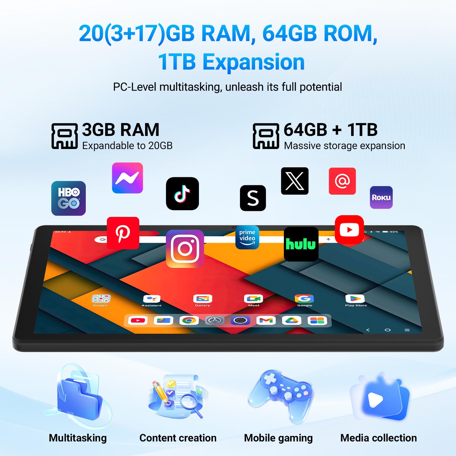 Tablet 11 Zoll, Android 16 Tablet mit 20GB RAM 64GB ROM/1TB TF, 7800mAh Akku, 5G WiFi, Widevine L1, Bluetooth 5.4, 1080P Display, 5MP+8MP Kamera, OTG, Schwarz