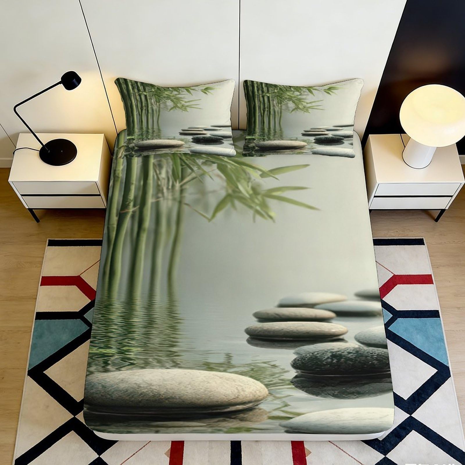 3D Printed Bamboo Zen Fitted Sheet Microfiber Soft Breathable Stone Path Mattress Cover for Bedroom Decor 90x200x25cm