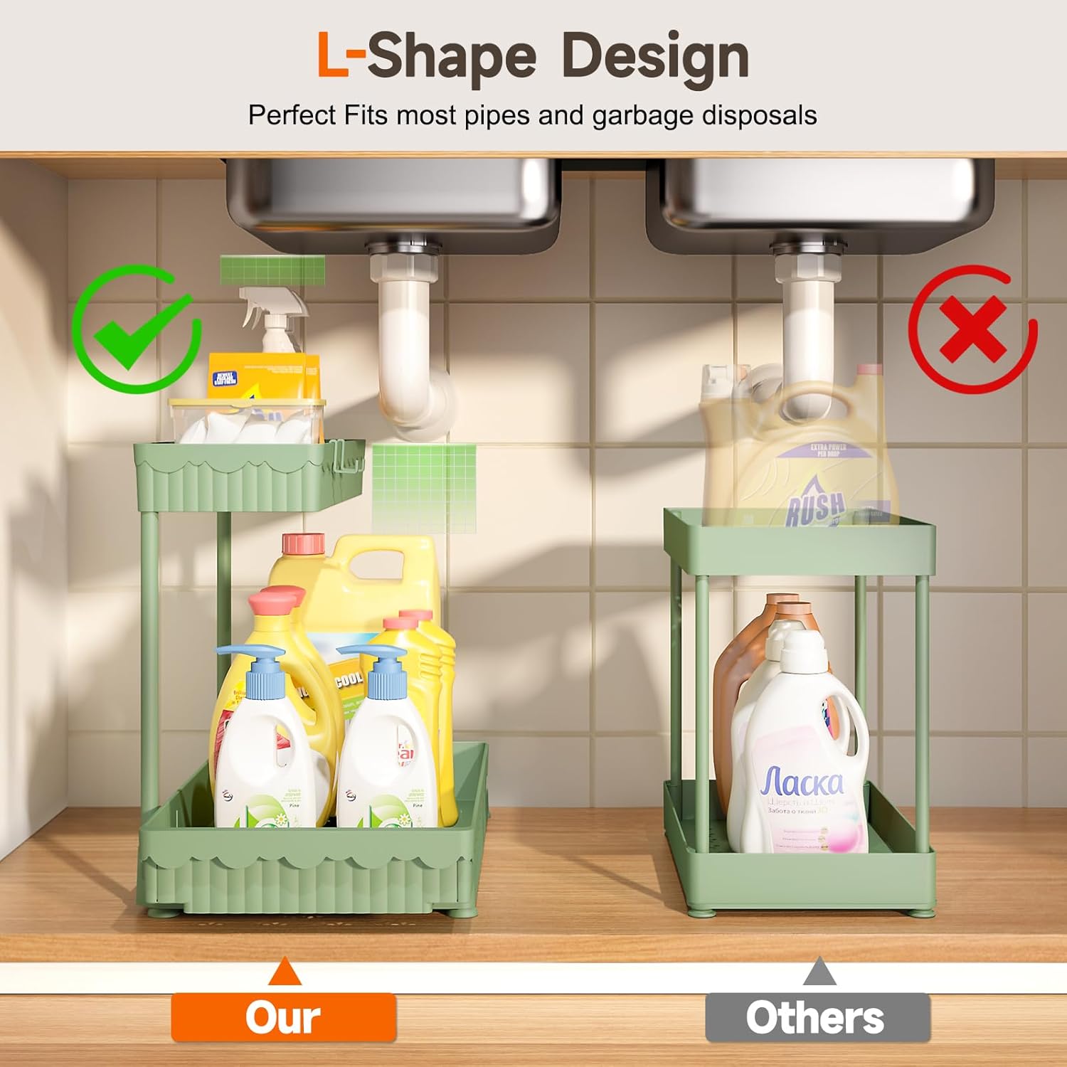 3 Pack Multi-Purpose Under Sink Organizers and Storage, 2026 L-Shaped Pull Out Cabinet Organizer for Bathroom & Kitchen, Under Cabinet Organizer with Hooks Hanging Cup, Green - Image 2