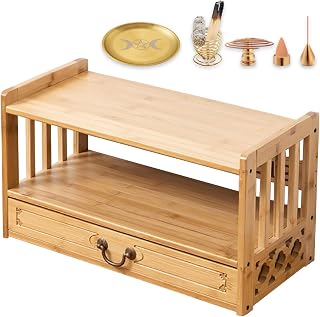 Altar Table with Drawer,Puja Table for Home,Perfect Used for Meditation, Prayers, Bamboo Furniture for Displaying Jars, Plants and Books (Wood Color, 20.4x9.8x11 in, with Incense Burner 5Pcs Set)
