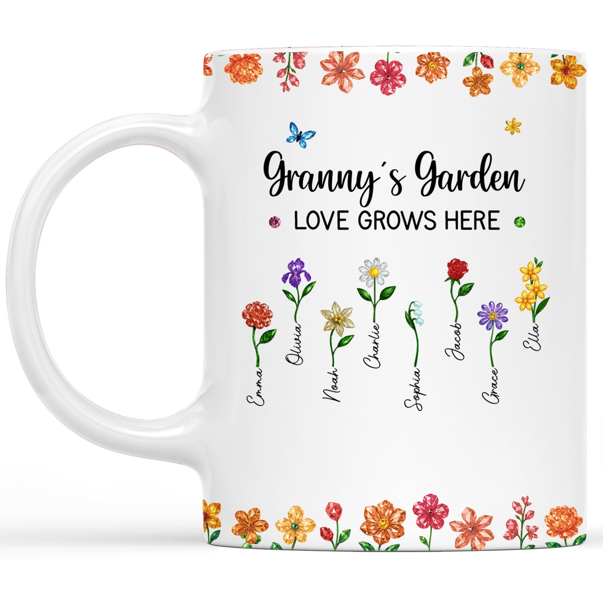 Personal Chic Custom Mug Name - Granny's Garden Love Grows Here - Personalised Mum Gifts, Grandma Gift, Mummy Mug, Grandma Cup, Personalised Mum Mugs, Granny Mugs (8 Kids) — image 1