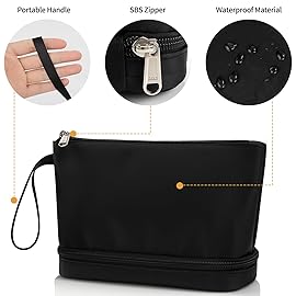 Ethereal Small Makeup Bag, 2 Layers Travel Makeup Bag with Makeup Brush Holder, Cosmetic Bag Black Make up Pouch for Women/Girls