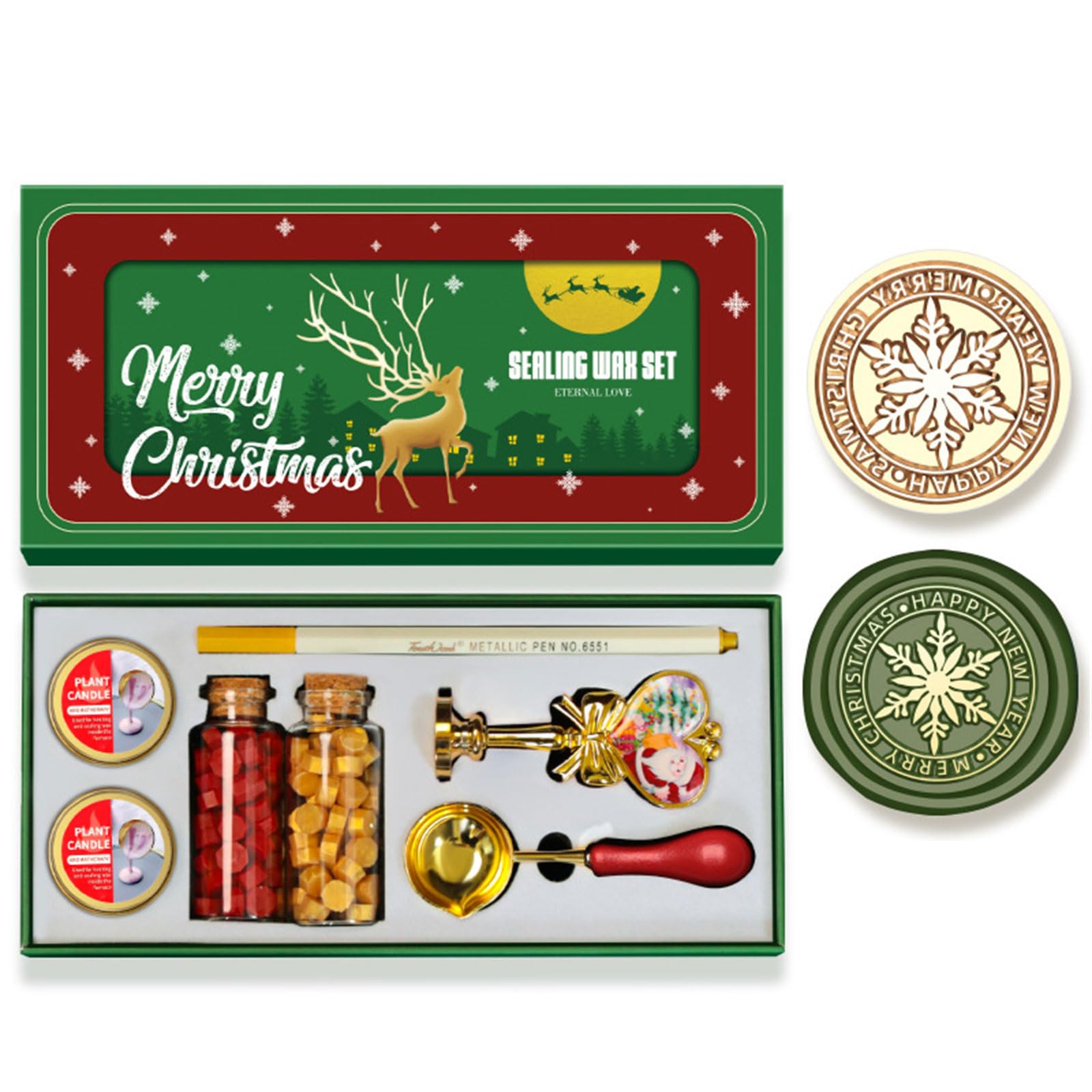 Elnwnnkc Christmas Themed Seal Stamp Set with Melting Spoon, Seal Stamp Beads, Metallic Pen for Envelope, Invitation Embellishment