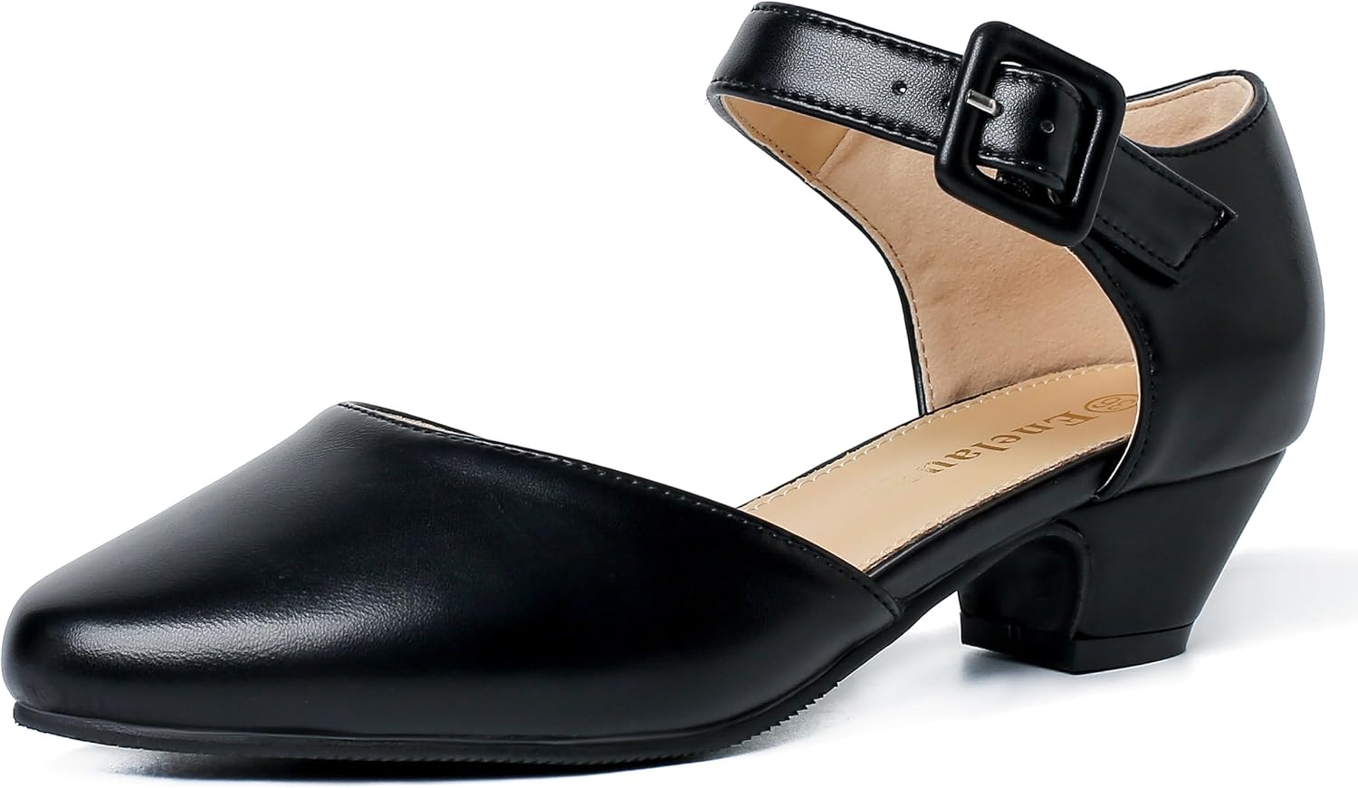 Enelauge Women's Closed Toe Low Block Heels Ankle Buckle Strap D'Orsay Pumps Comfortable Chunky Heel Dress Work Church Shoes