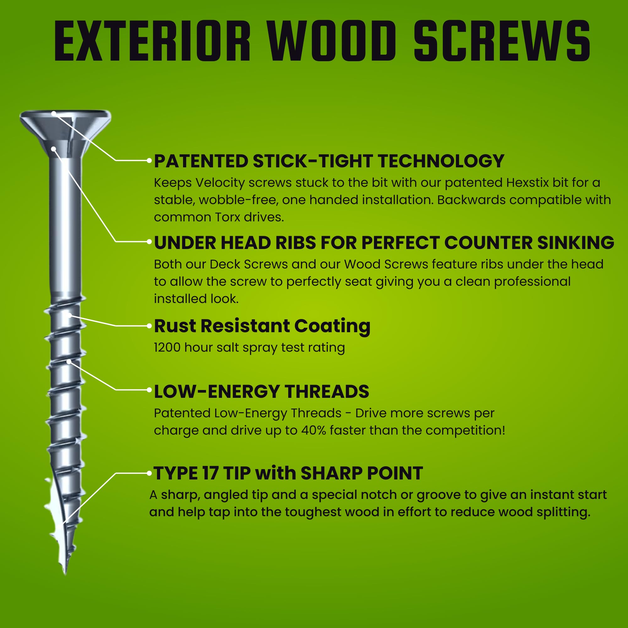 Velocity Long Wood Screws - Rust Resistant Exterior -2 Velocity Long Wood Screws - Rust Resistant Exterior -2