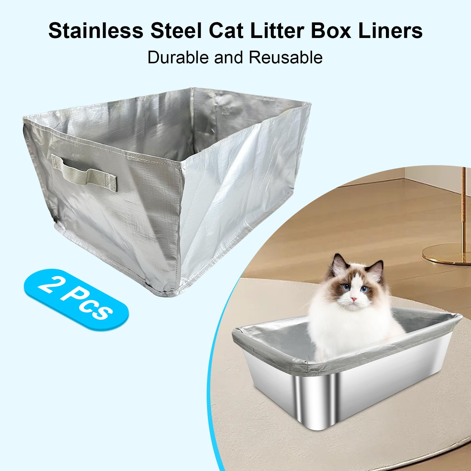 2 Pack Reusable Cat Litter Box Liners for Stainless Steel Boxes (Fits 6'' & 8'' Deep) - Scratch-Resistant & Waterproof Pan Protector, Extends Box Life, Easy to Clean with Non-Slip Design