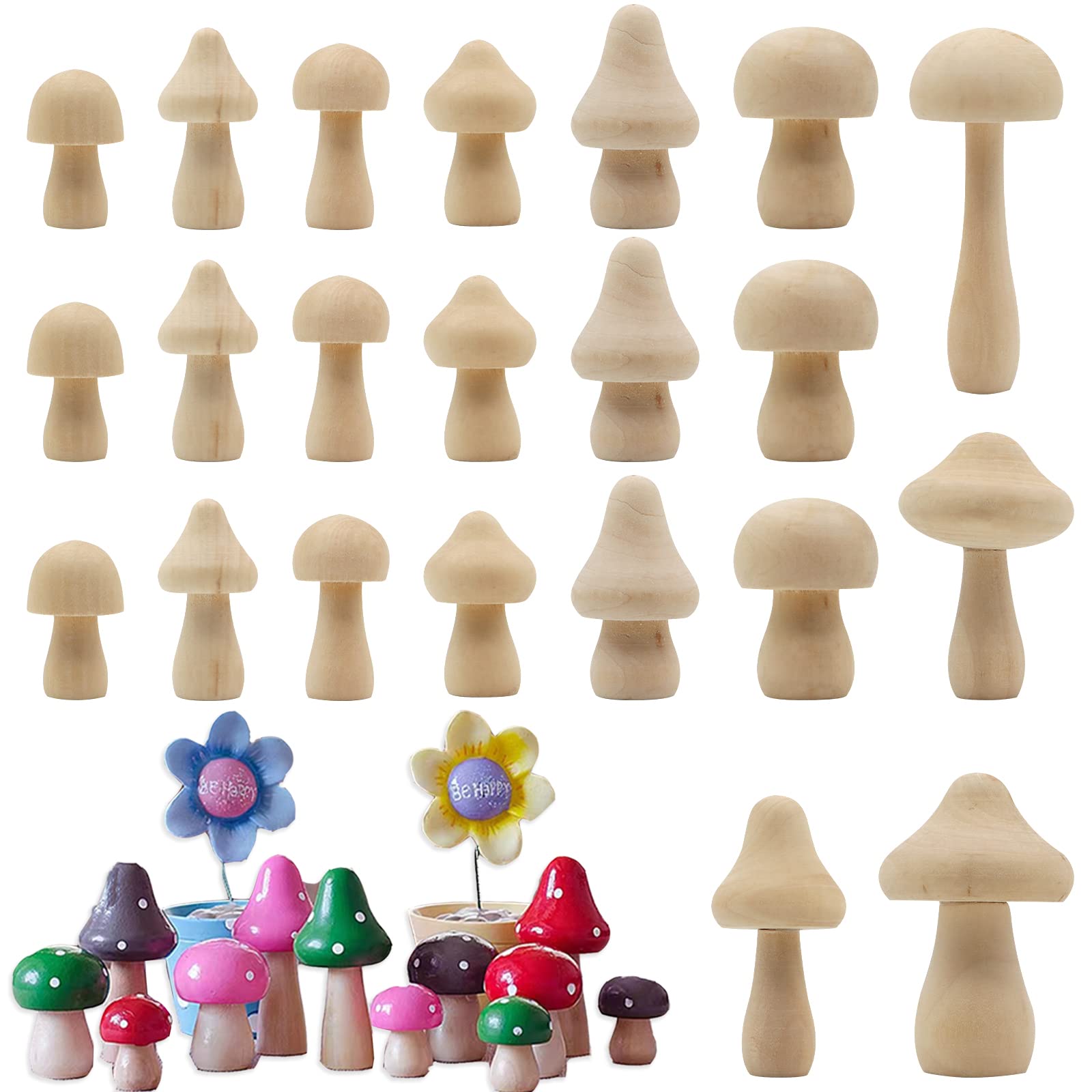 ZOCONE 22 PCS Unfinished Wooden Mushroom Set, Natural Wood Mushrooms Various Sizes Unpainted Wooden Mushroom Figurines for DIY Arts Crafts Desk Bookshelves Party Decorations, DIY Paint Color