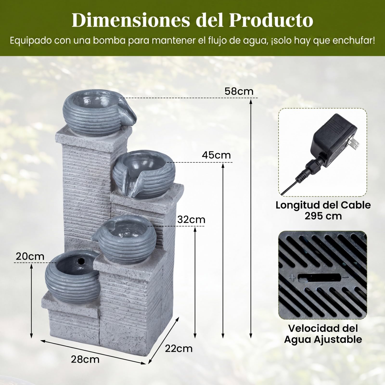 COSTWAY Fuente de Agua Decorativa con Luz LED, Fuente de Jardín Cascada de 4 Niveles con Cuencos, Flujo Ajustable y Bomba, Decoración Zen Interior Exterior para Patio Hogar Oficina, 28 x 22 x 58 cm