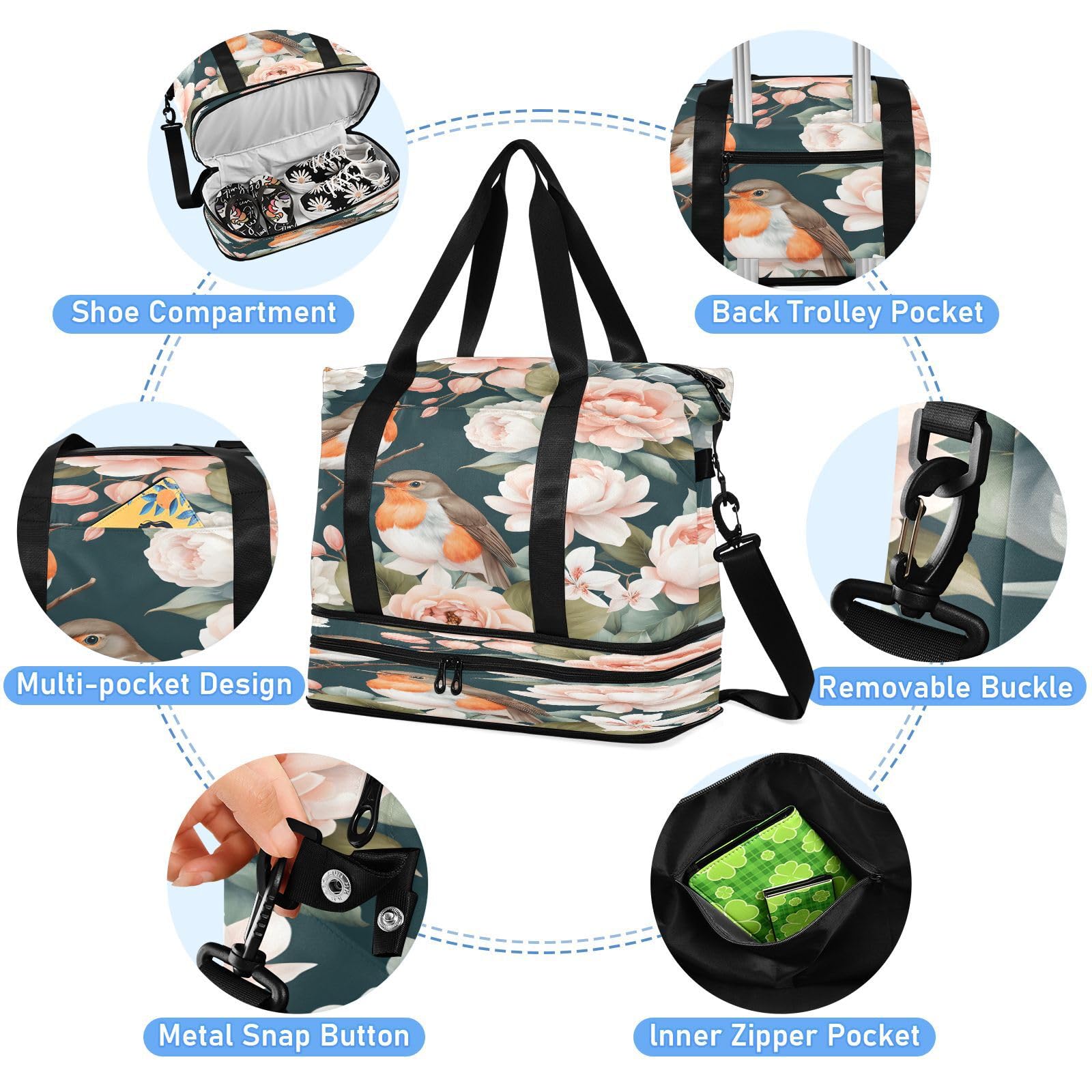 Borsa sportiva da palestra per uomini e donne, con pettirosso, pesca, rose, fiori, borsone da viaggio con scomparto per scarpe pieghevole, borsa da yoga per ragazzi e ragazze, borsa per la