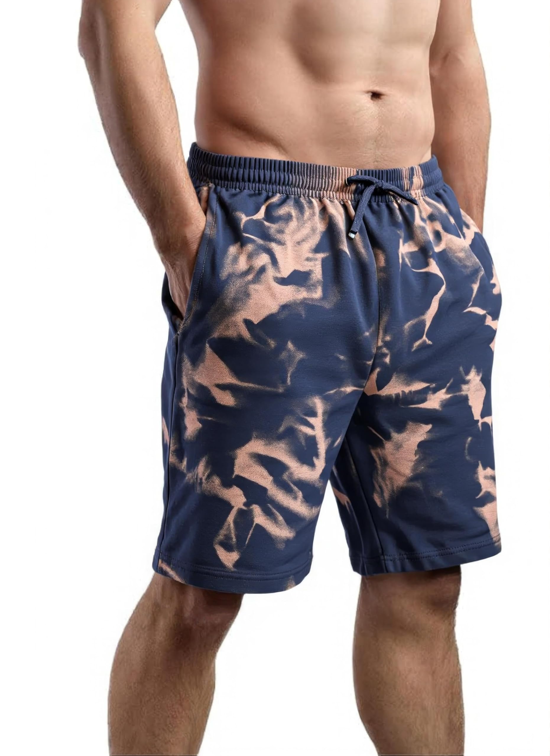 Men's Athletic Shorts, Marble Print Design, Elastic Waistband, Grey and White-image-27
