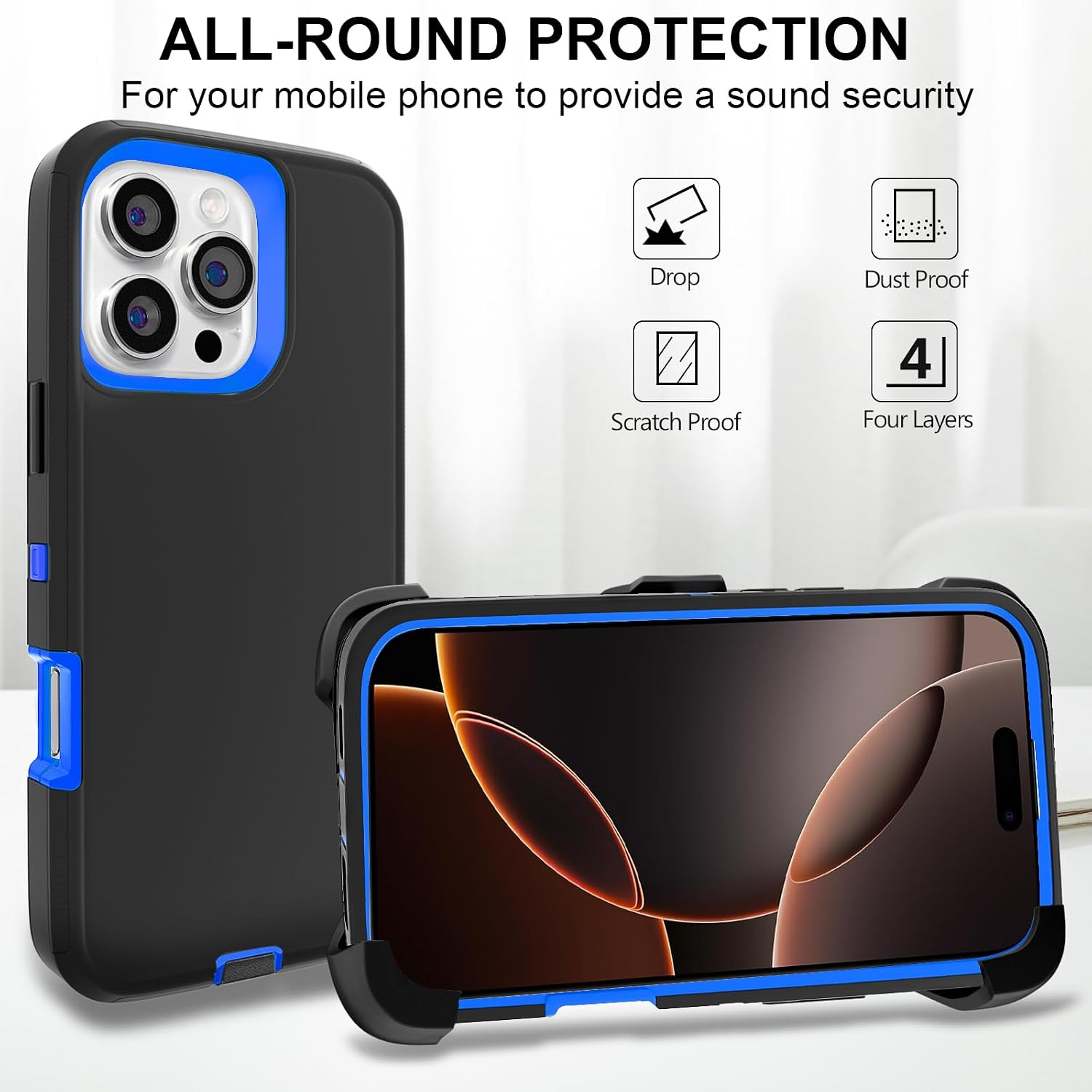 Case for iPhone 16 Pro Max Case 6.9" Belt-Clip Kickstand Holster with 2 Screen Protector + 2 Camera Lens Protector,Full Body Heavy Duty Military Grade Drop Protection Cover (Black Blue+Clip)