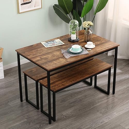 Miniatura 3 de SDHYL Juego de mesa de comedor de 45 pulgadas con 2 bancos, juego de mesa de comedor para 3, mesa de comedor rectangular pequeña de madera con 2