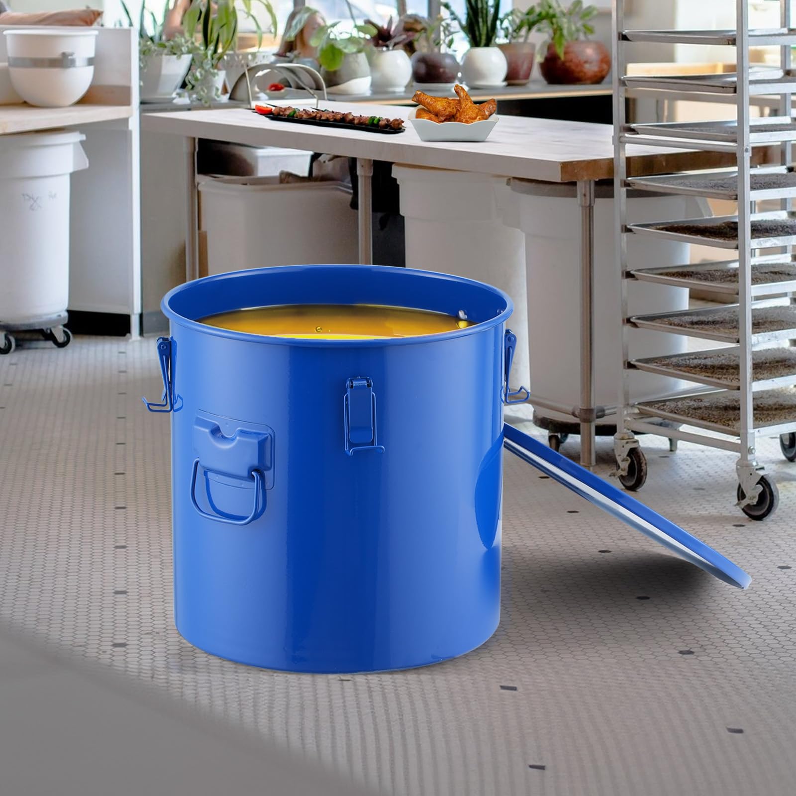 VEVOR Secchio per Grasso per Friggitrice, Contenitore per Smaltimento Olio da 8 Gal Secchio per Olio per Friggitrice in Acciaio al Carbonio con Rivestimento Antiruggine, Clip di Chiusura, Blu