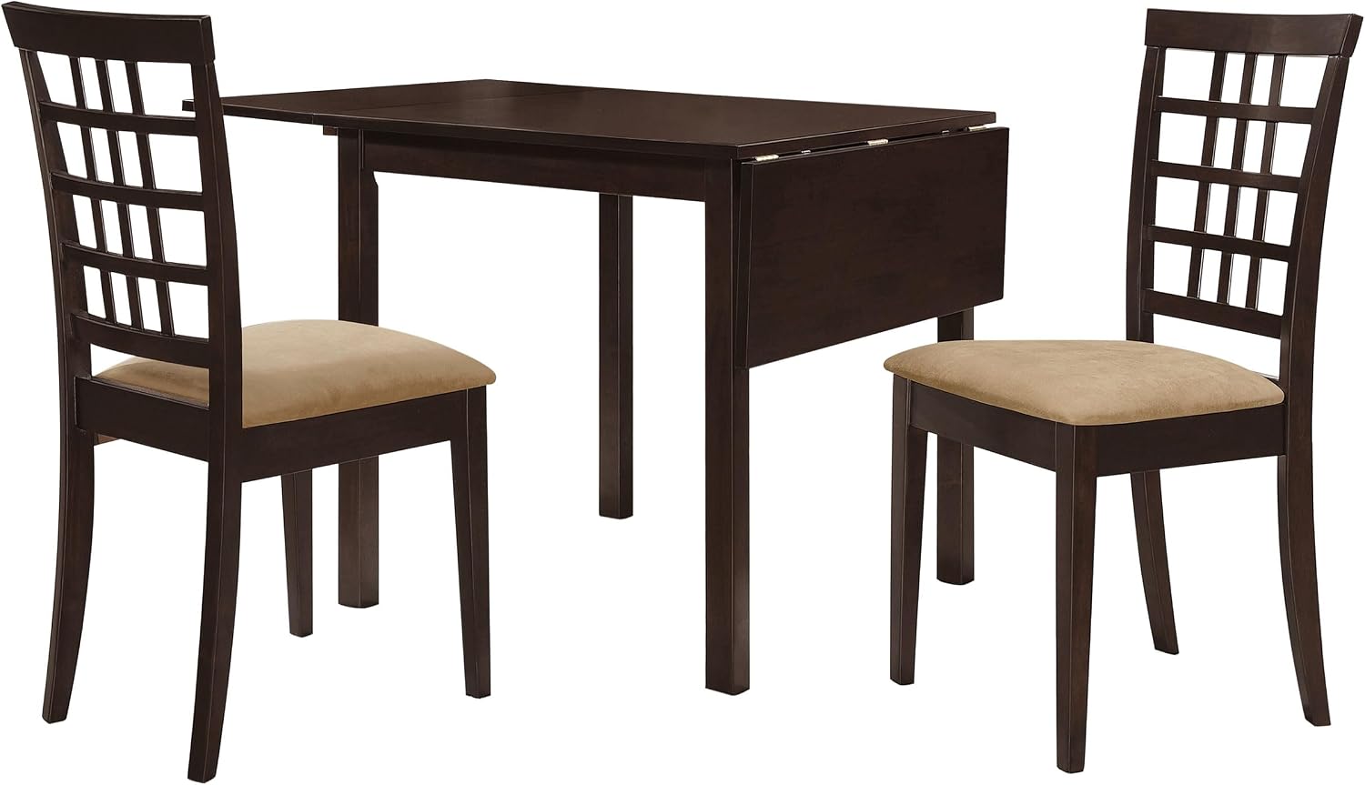 Coaster Home Furnishings - Kelso - Wood - 3-Piece Dining Table Set - Drop-Leaf Extendable Wood Dining Table with Lattice Back Chairs - Transitional Style - Dining Room - Cappuccino - 190821-S3