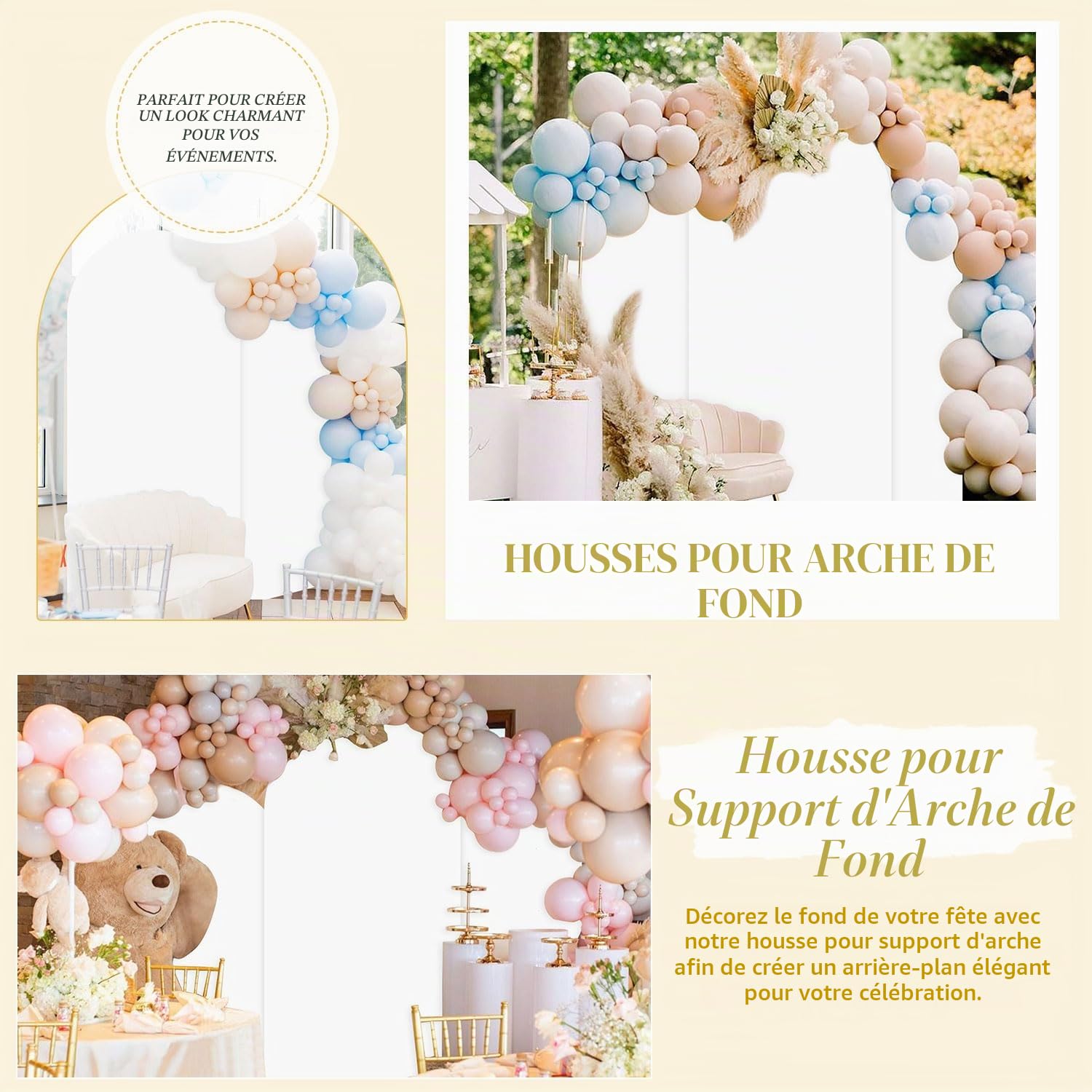 FUHSY Lot de 3 couvertures d'arc en spandex pour mariage, 1,2 m, 1,5 m, 1,8 m, arc blanc, couverture élastique pour fête d'anniversaire, mariage