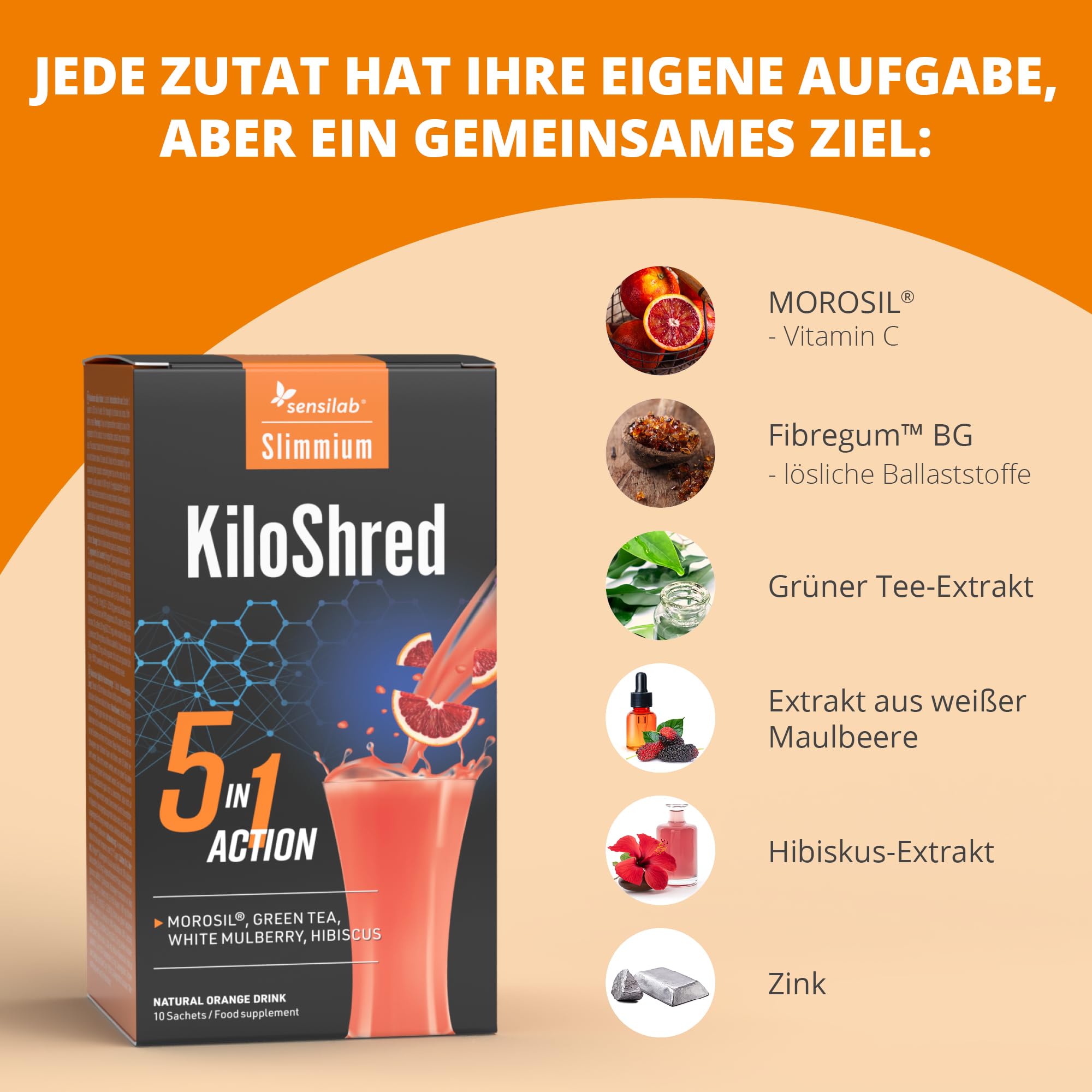 Sensilab Slimmium KiloShred 5-in-1 - Morosil, Grüner Tee, Weißer Maulbeerextrakt, Hibiskus, Vitamin C und Zink - 30 Beutel für 30 Tage - Abnehmeffekt - Glutenfrei, Vegan