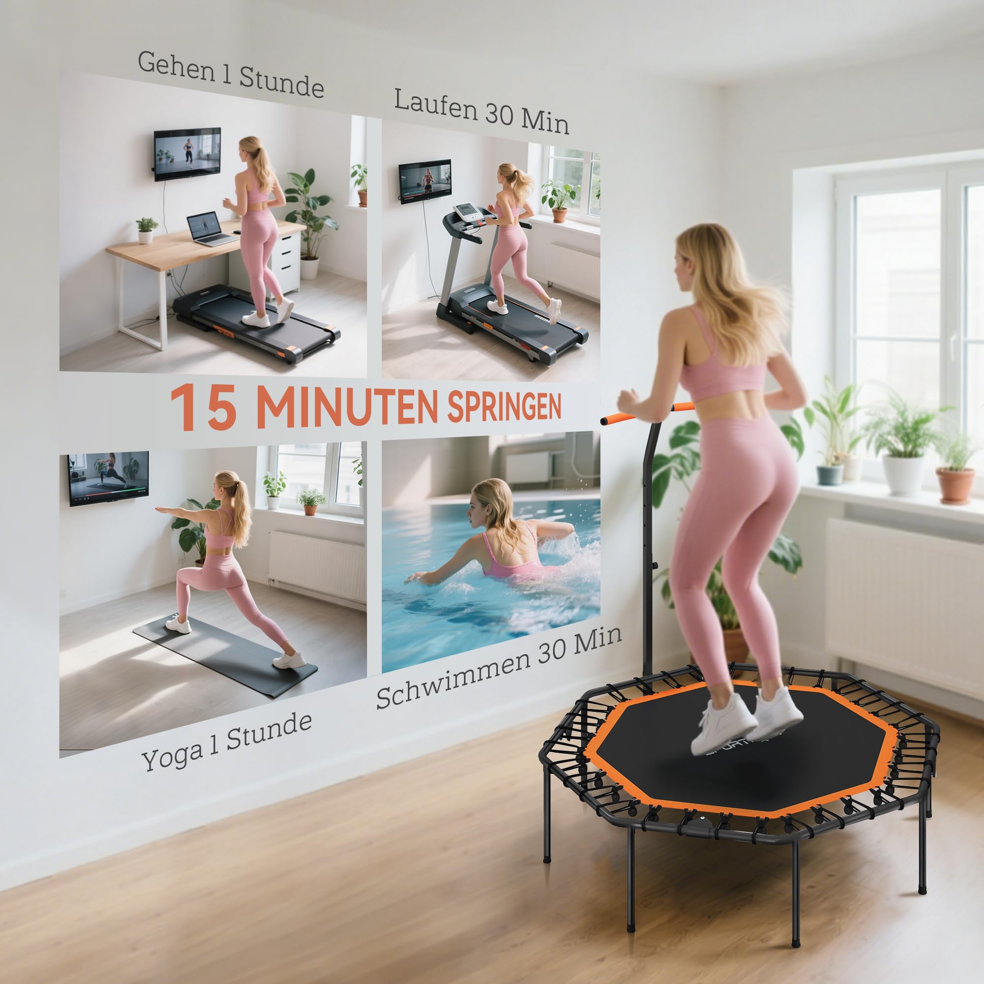 SPORTNOW Fitness Trampolin klappbar Ø128 cm Mini Trampoline mit 5-Stufig Höhenverstellbarem Haltegriff, leise Gummiseil, Trampolin für Erwachsene, Trampoline für Indoor Outdoor Jumping