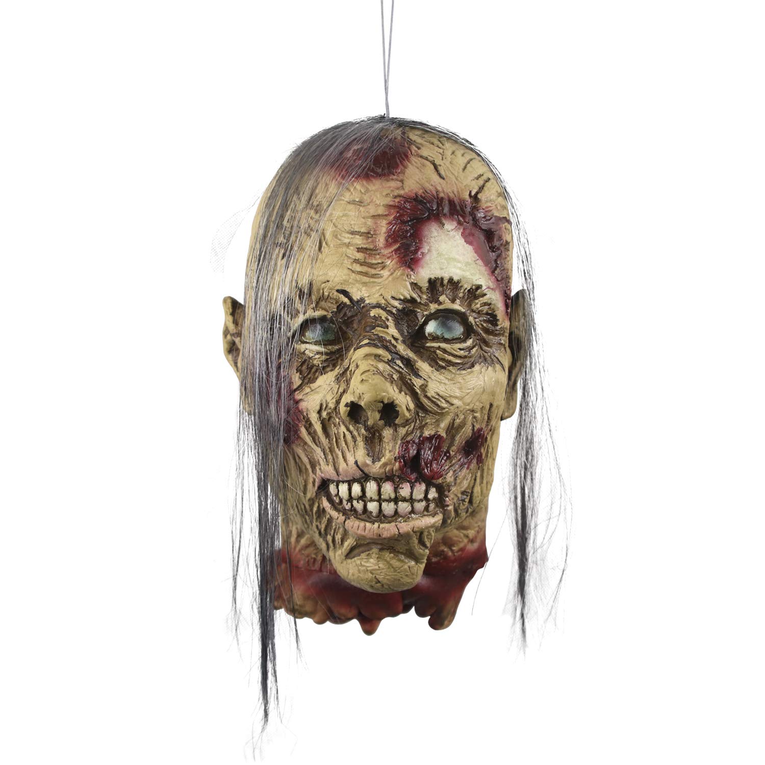 MOLEZU Cut Off Head Prop, Halloween Scary Realistic Hanging Severed Head with wig, Old Lady (A)