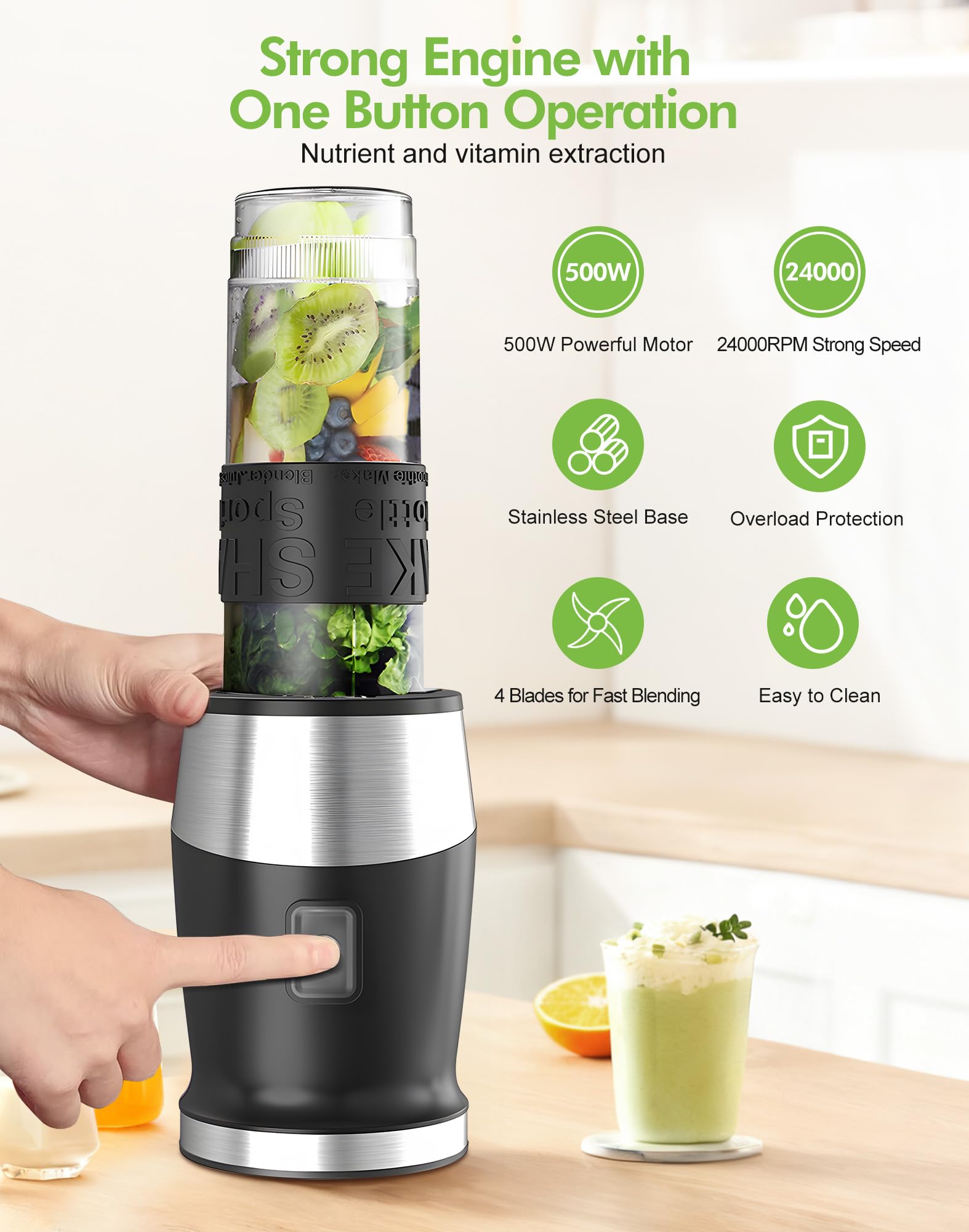 Blender Mixeur, 500W Blender Smoothie 24000 tours/min, Mini Mixeur Blender Portable avec 2 sport bouteille portables de 570ml Sans BPA, 4 Lames en Inox pour Smoothie Milk-shake Fruits bébé Jus légume
