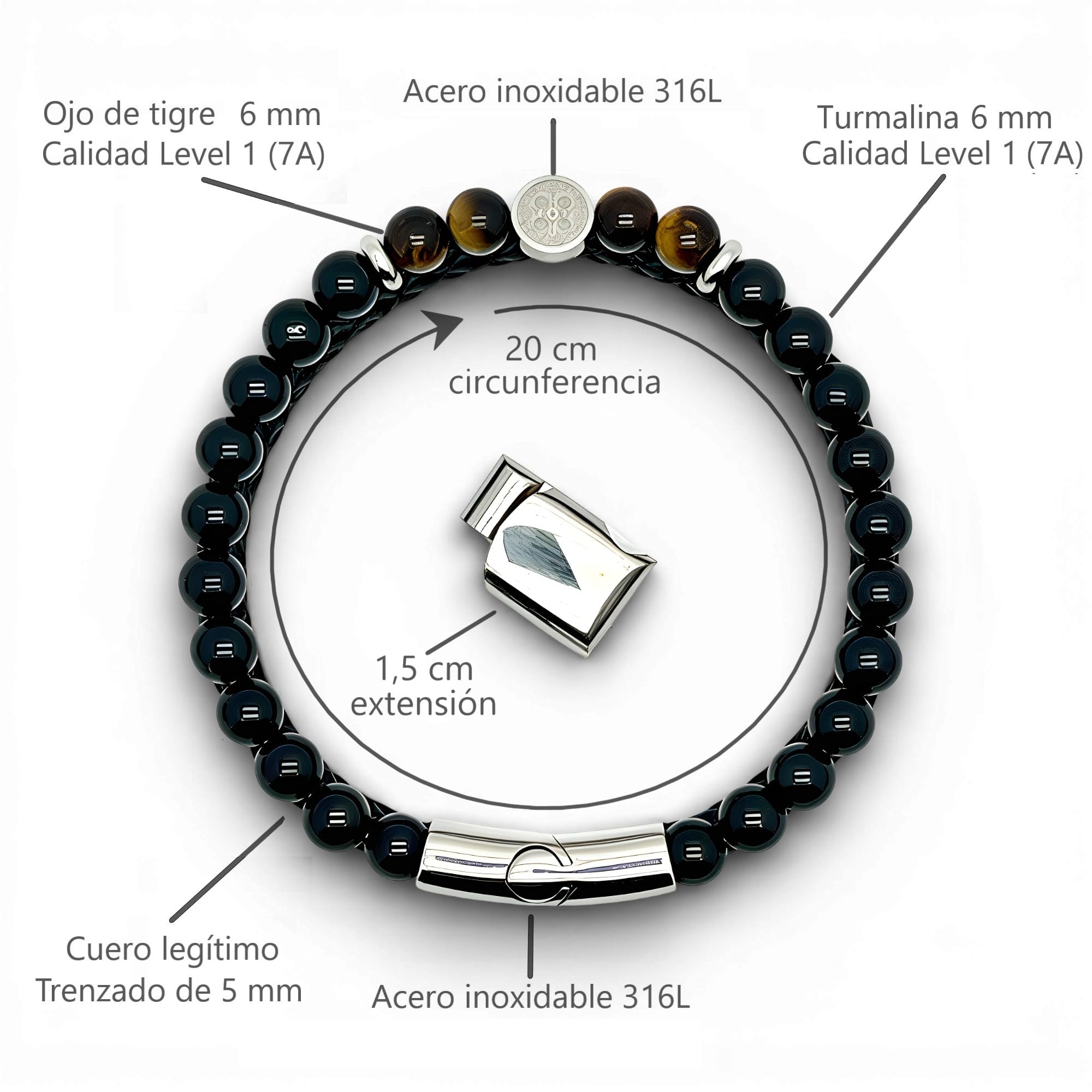 arana's® - Pulsera Medalla Cruz San Benito - Turmalina negra y cuero genuino - Pulsera ajustable hasta 21,5 cm - Protección contra mal de ojo y malas energías - Sanación y curación