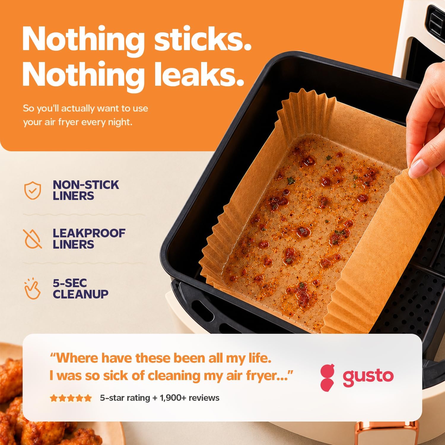 GUSTO 8 Inch Square Air Fryer Liners Disposable [125 Count] Fits 5-8 QT