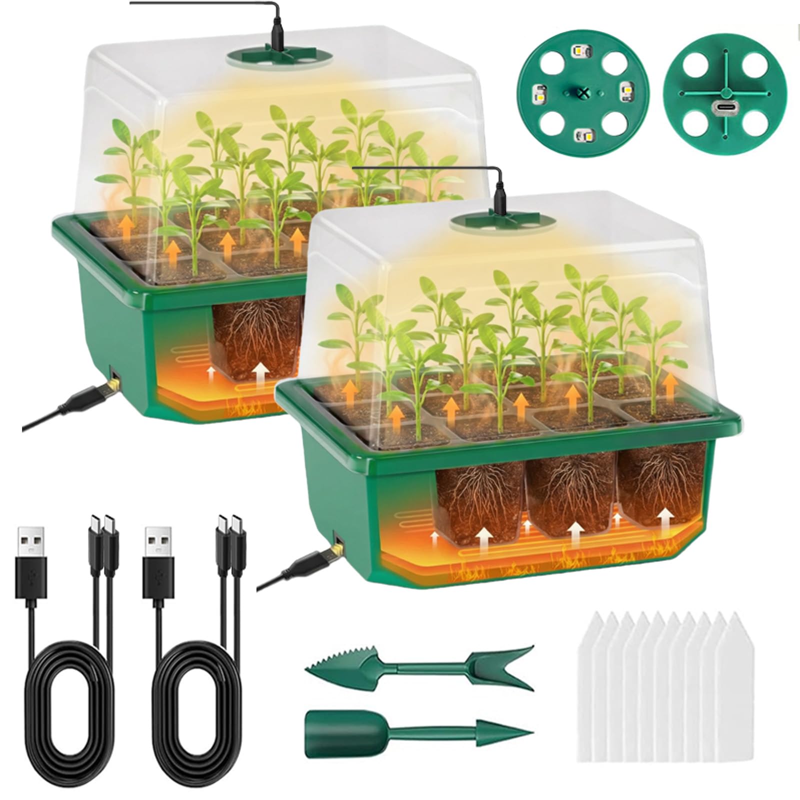 VDYXEW 2-Pack Seed Trays, Heated Propagator with Grow Light and Heated Base - Propagators for Plants with Heightened Lids, Mini Greenhouse Germination Kit for Seedlings & Herbs (With grow lights)