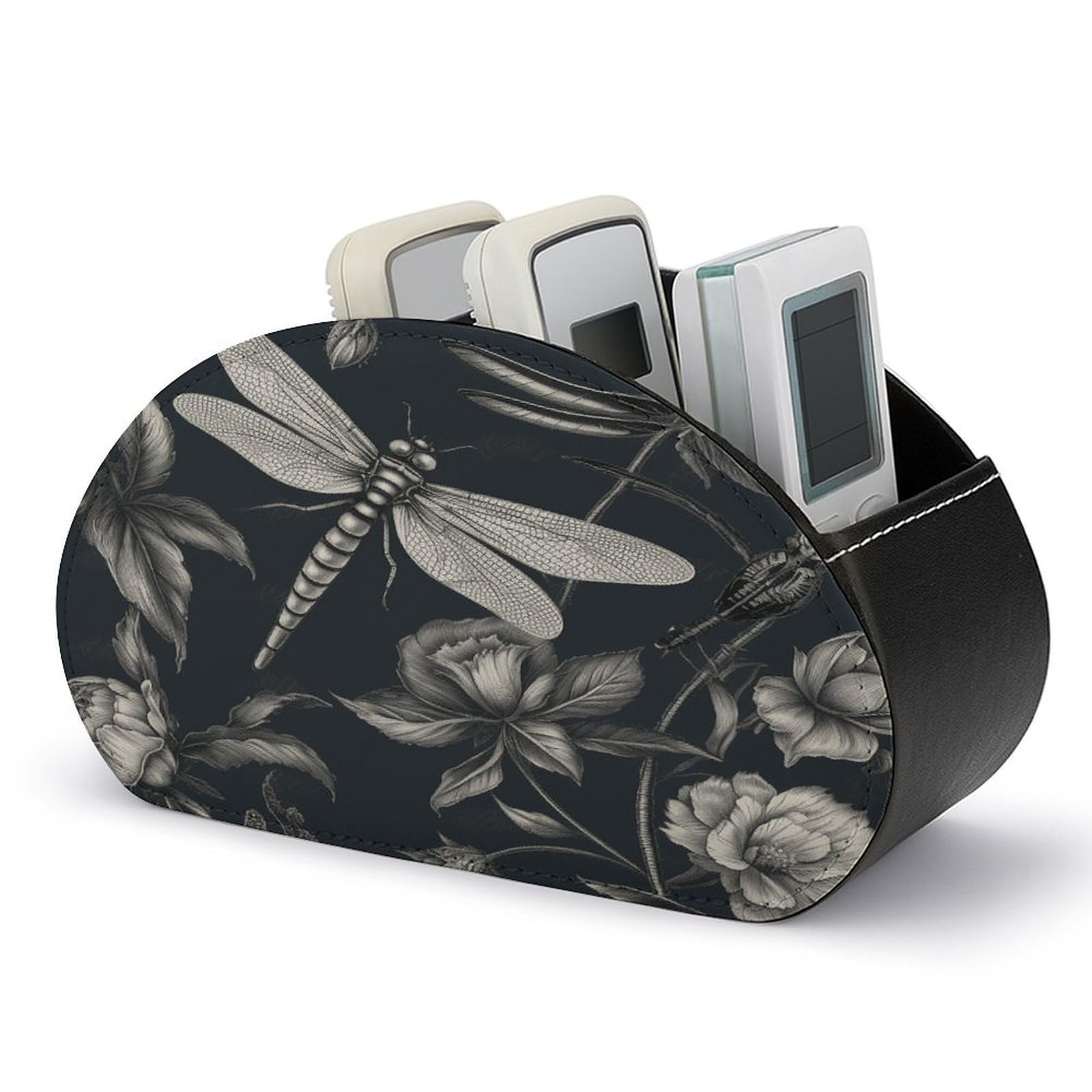 VstaDank Black Flowers And Dragonfly Remote Control Holder with 5 Compartments PU Leather TV Remoter Caddy Desktop Organizer TV Remote Holder Remote Box for Media Controllers Office Supplies