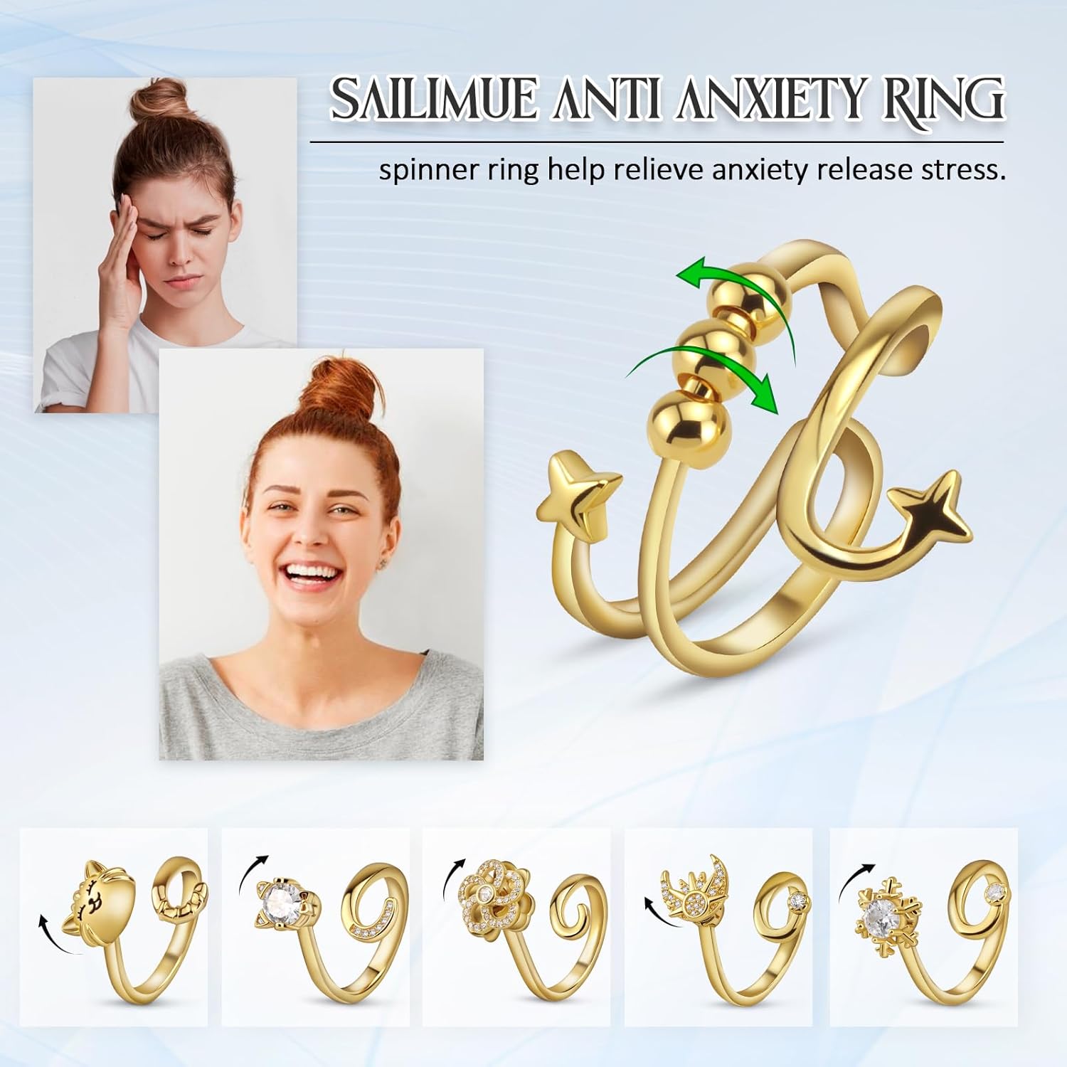 9 Pcs Fidget Rings for Women, Adjustable Spinner Anxiety Ring Set,Open CZ Cat Flower Star Moon Relief Spinning Rings for Adults - Image 4