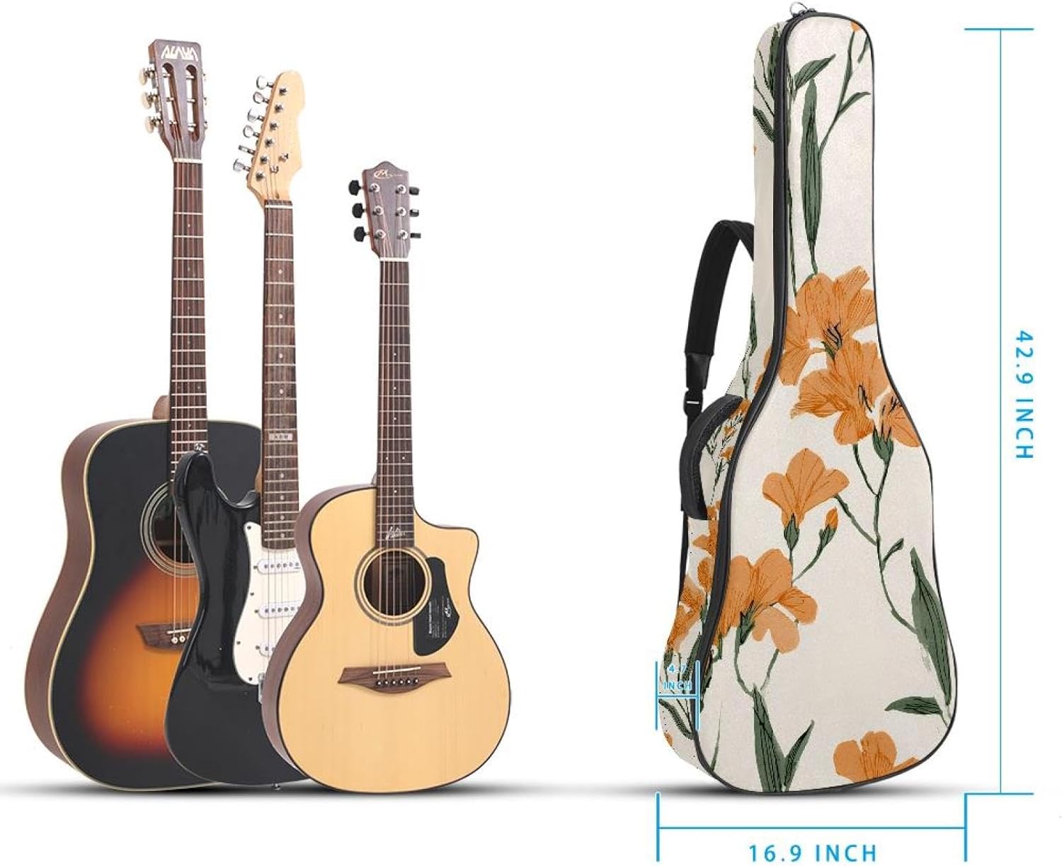 Acoustic Guitar Gig Bag 10mm Thick Padding, Soft Waterproof Guitar Case with Adjustable Backpack Straps for 40-42 Inch Guitar, Orange Flowers with Sage Green Stems