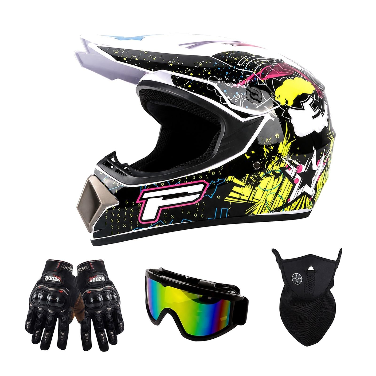 Casco Cross bianco, nero e giallo con Occhiali e Guanti