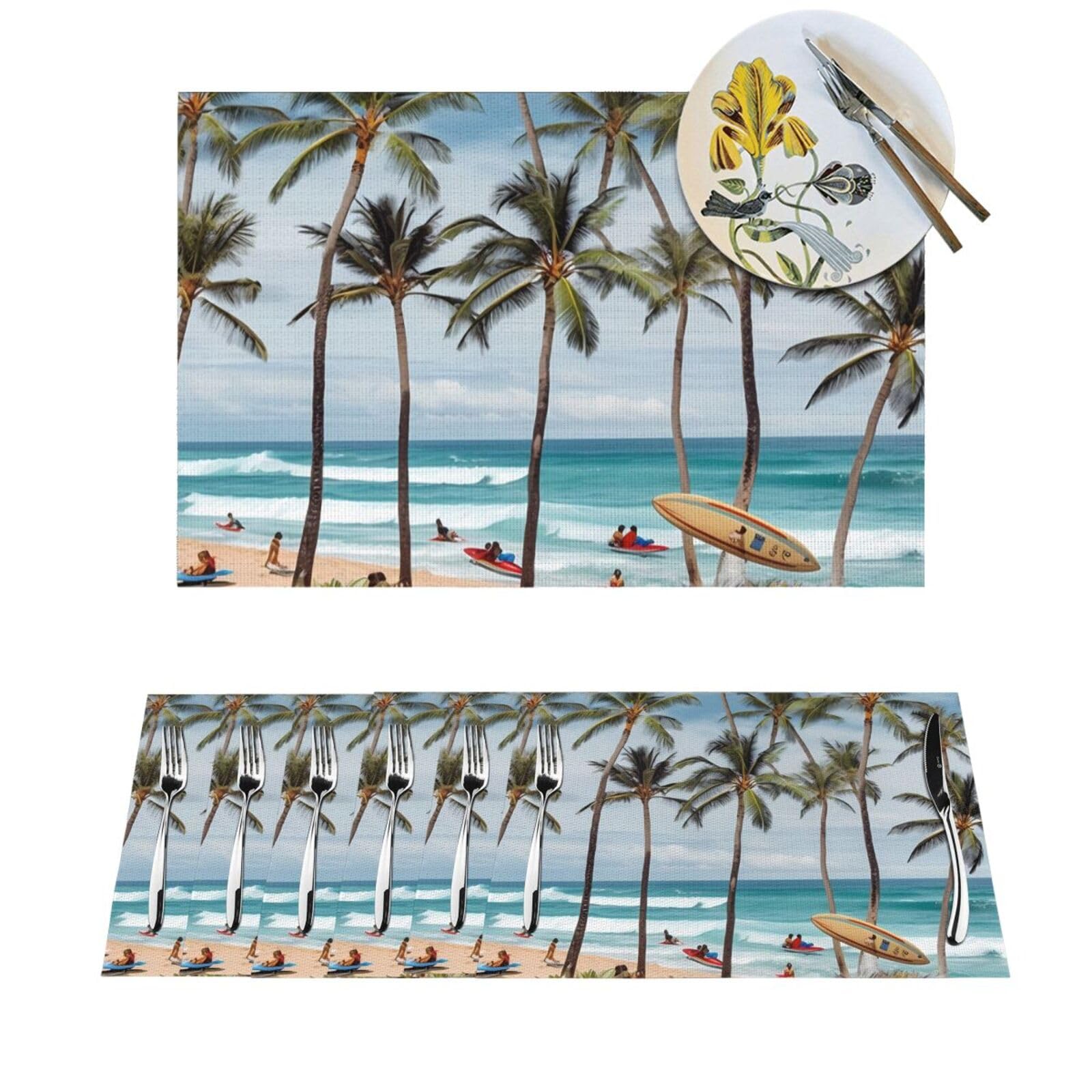 Set de table PVC motif surfeur hawaïen x6 pour table de repas 30x45 cm