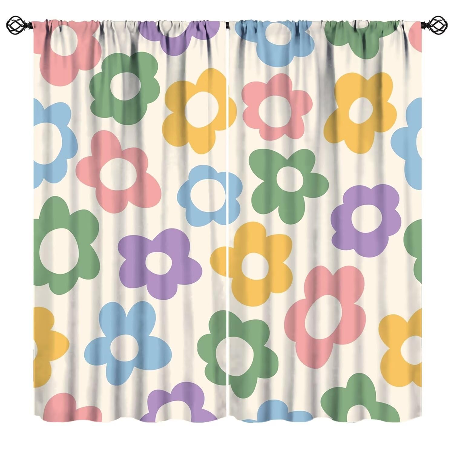 Mchenxin Retro Daisy Flower Curtains, Cute 70s 60s Groovy Flowers Boho Colorful Vintage Floral Print Window Treamtments for Living Room Kids Girls