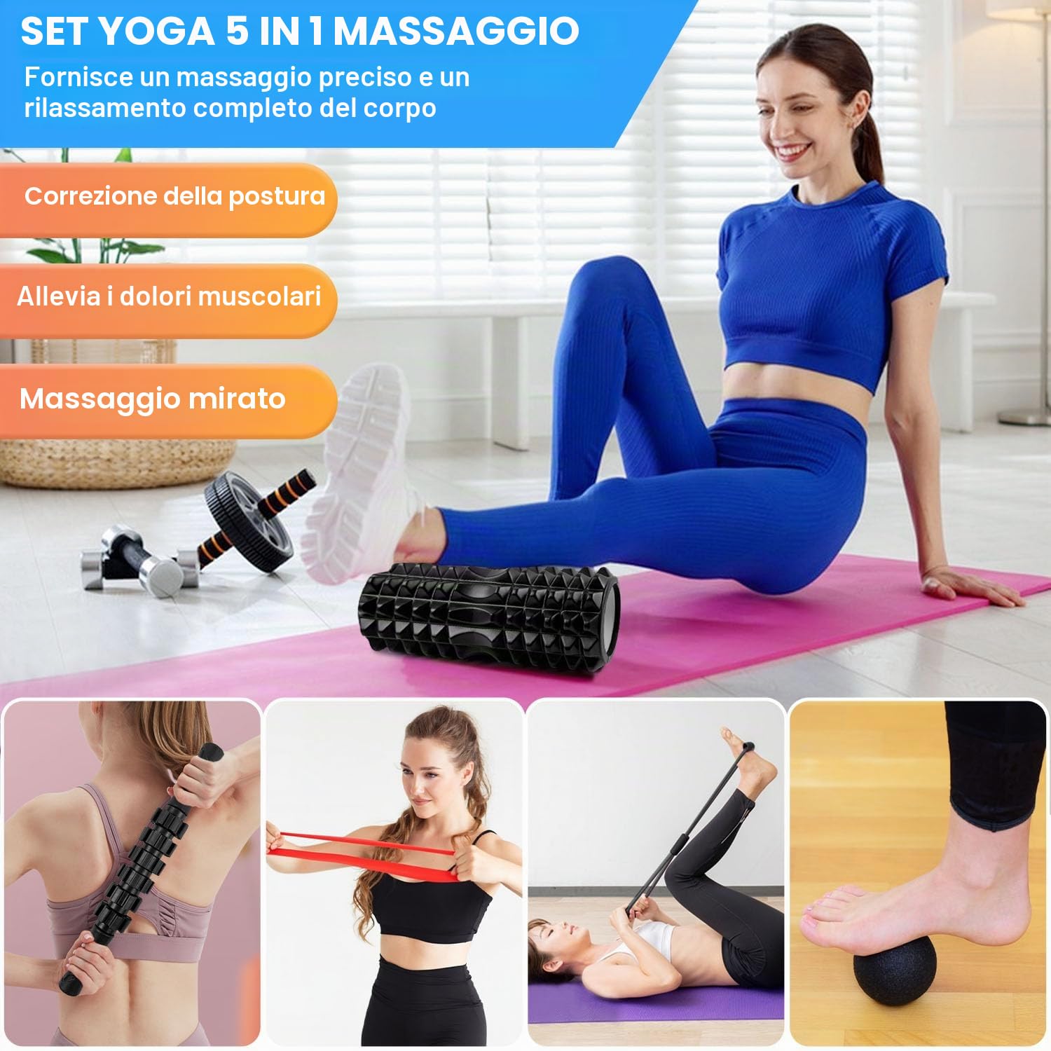 Rullo Massaggio Muscolare, Foam Roller, Roller Pilates, rullo massaggiante per mobilitazione della schiena mirata, rullo in schiuma per yoga, pilates e fitness, ideale per atleti e impiegati in