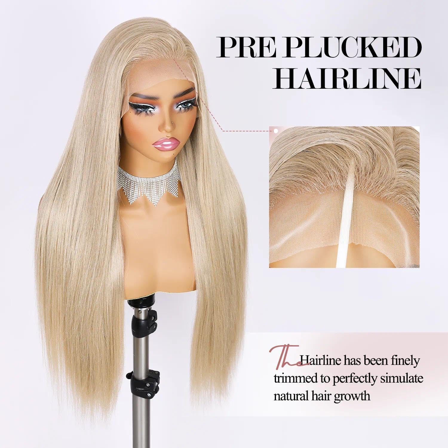 Women\'s blonde Glueless Synthetic Lace Front Pre-Plucked Hairline 28 Inch 28 Inch Long Straight Hair Wig, #613 Lace Front Wigs 13x4  main image 4