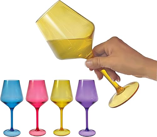Miniatura 3 de Lily's Home Copas de vino acrílicas con tallos, juego de 4 copas de vino de colores, reutilizables, irrompibles e inastillables junto a la piscina,