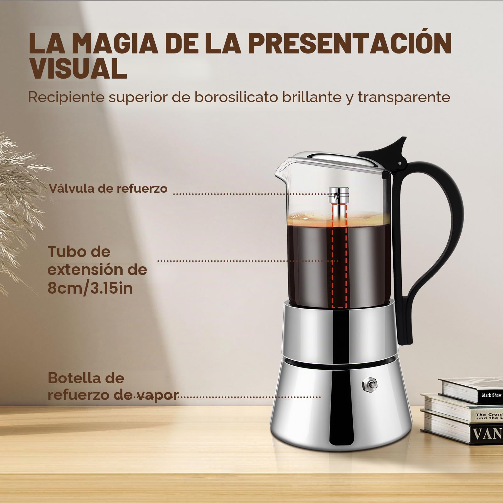 Cafetera Espresso Transparente de Acero Inoxidable 304 Moka Pot Cafetera Espresso Cafetera Percoladora Capaz Cafetera Moka Cafetera Percoladora Para Casa y Camping 6 Taza 350ml