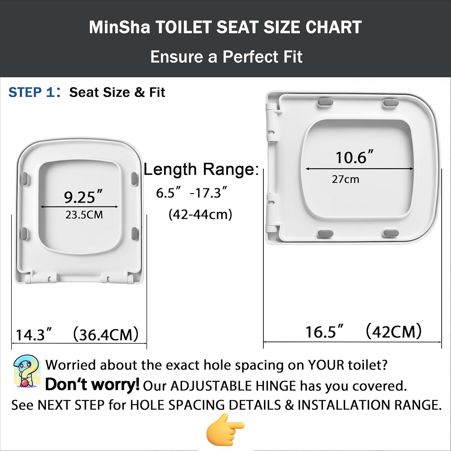 MinSha Square Toilet Seat MinS03, Glossy Finish, Fits 16.5" (Approx. 16.1"–17"), Soft Close Lid, Quick-Release Hinges, Heavy-Duty PP, Easy Installation