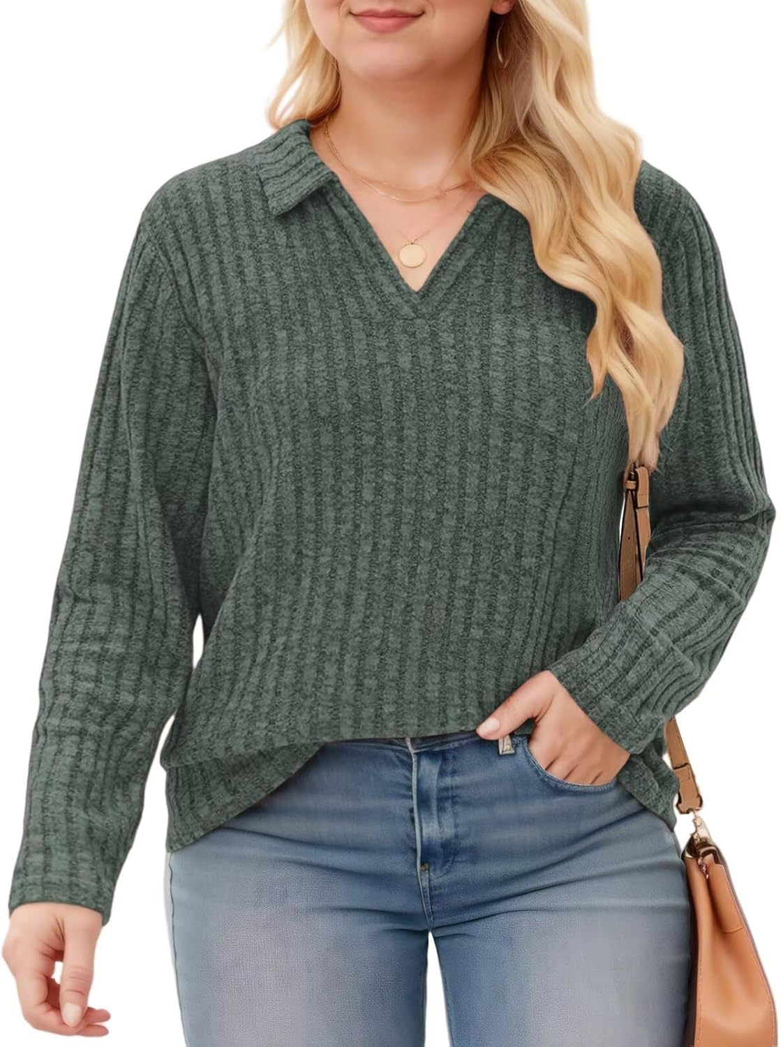 VISLILY Womens-Plus-Size-Tops Collared V Neck Polo Shirts Lightweight Long Sleeve Sweaters Trendy Pocket Decor Tunic Blouses - Image 2