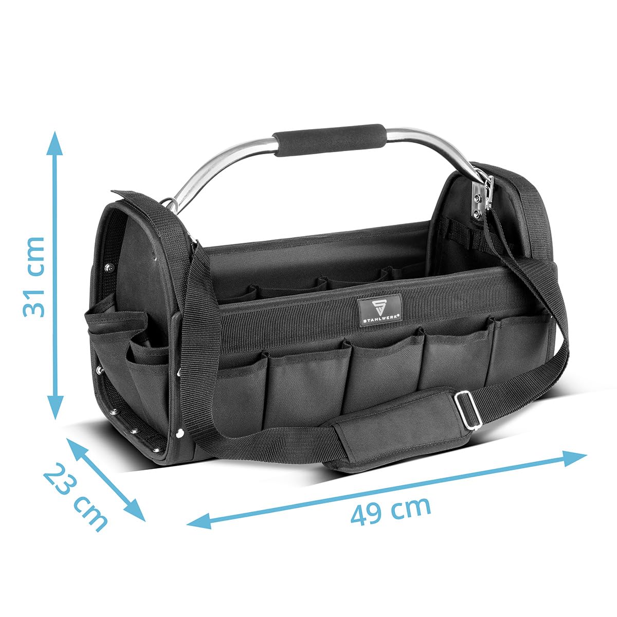 STAHLWERK Werkzeugtasche - 18 Außentaschen, 10 Innentaschen, robuste Installateur-Tasche, tragbarer Werkzeugkoffer, Montagetasche mit Tragegriff und Schultergurt, strapazierfähiges Polyester-Gewebe