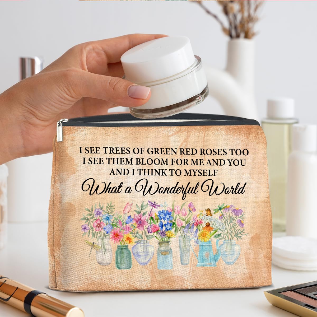 Floral Makeup Bag Gifts for Women What a Wonderful World Floral Butterfly Cosmetic Bag Zipper Makeup Pouch - Image 6